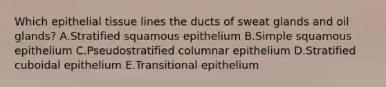 Which epithelial tissue lines the ducts of sweat glands and oil glands? A.Stratified squamous epithelium B.Simple squamous epithelium C.Pseudostratified columnar epithelium D.Stratified cuboidal epithelium E.Transitional epithelium