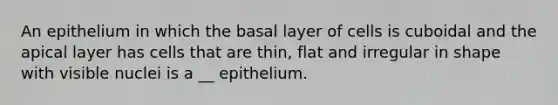 An epithelium in which the basal layer of cells is cuboidal and the apical layer has cells that are thin, flat and irregular in shape with visible nuclei is a __ epithelium.