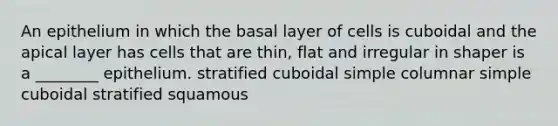 An epithelium in which the basal layer of cells is cuboidal and the apical layer has cells that are thin, flat and irregular in shaper is a ________ epithelium. stratified cuboidal simple columnar simple cuboidal stratified squamous