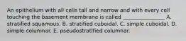 An epithelium with all cells tall and narrow and with every cell touching the basement membrane is called ________________ A. stratified squamous. B. stratified cuboidal. C. simple cuboidal. D. simple columnar. E. pseudostratified columnar.