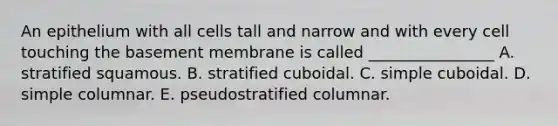 An epithelium with all cells tall and narrow and with every cell touching the basement membrane is called ________________ A. stratified squamous. B. stratified cuboidal. C. simple cuboidal. D. simple columnar. E. pseudostratified columnar.