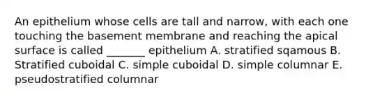 An epithelium whose cells are tall and narrow, with each one touching the basement membrane and reaching the apical surface is called _______ epithelium A. stratified sqamous B. Stratified cuboidal C. simple cuboidal D. simple columnar E. pseudostratified columnar