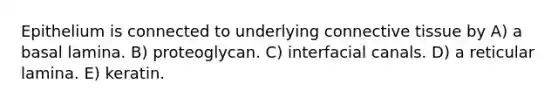 Epithelium is connected to underlying connective tissue by A) a basal lamina. B) proteoglycan. C) interfacial canals. D) a reticular lamina. E) keratin.