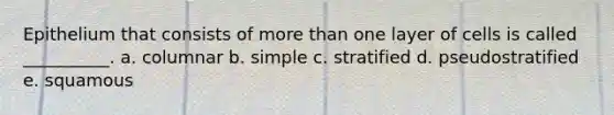Epithelium that consists of more than one layer of cells is called __________. a. columnar b. simple c. stratified d. pseudostratified e. squamous