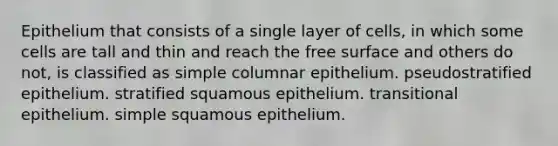 Epithelium that consists of a single layer of cells, in which some cells are tall and thin and reach the free surface and others do not, is classified as simple columnar epithelium. pseudostratified epithelium. stratified squamous epithelium. transitional epithelium. simple squamous epithelium.