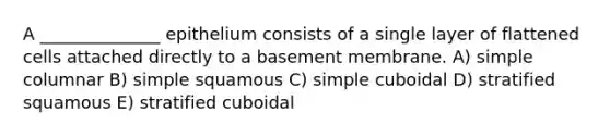 A ______________ epithelium consists of a single layer of flattened cells attached directly to a basement membrane. A) simple columnar B) simple squamous C) simple cuboidal D) stratified squamous E) stratified cuboidal