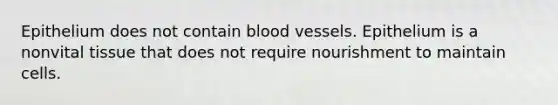 Epithelium does not contain blood vessels. Epithelium is a nonvital tissue that does not require nourishment to maintain cells.