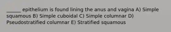 ______ epithelium is found lining the anus and vagina A) Simple squamous B) Simple cuboidal C) Simple columnar D) Pseudostratified columnar E) Stratified squamous