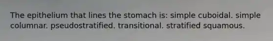 The epithelium that lines the stomach is: simple cuboidal. simple columnar. pseudostratified. transitional. stratified squamous.