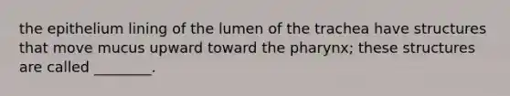 the epithelium lining of the lumen of the trachea have structures that move mucus upward toward the pharynx; these structures are called ________.