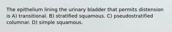 The epithelium lining the urinary bladder that permits distension is A) transitional. B) stratified squamous. C) pseudostratified columnar. D) simple squamous.