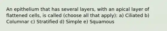 An epithelium that has several layers, with an apical layer of flattened cells, is called (choose all that apply): a) Ciliated b) Columnar c) Stratified d) Simple e) Squamous