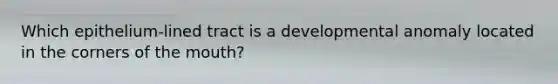 Which epithelium-lined tract is a developmental anomaly located in the corners of the mouth?