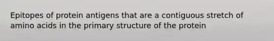 Epitopes of protein antigens that are a contiguous stretch of <a href='https://www.questionai.com/knowledge/k9gb720LCl-amino-acids' class='anchor-knowledge'>amino acids</a> in the <a href='https://www.questionai.com/knowledge/knHR7ecP3u-primary-structure' class='anchor-knowledge'>primary structure</a> of the protein