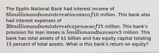 The Epplin National Bank had interest income of 85 million and noninterest income of10 million. This bank also had interest expenses of 30 million and noninterest expenses of25 million. This bank's provision for loan losses is 5 million and taxes are5 million. This bank has total assets of 1 billion and has equity capital totaling 15 percent of total assets. What is this bank's return on equity?