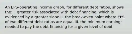 An EPS-operating income graph, for different debt ratios, shows the: I. greater risk associated with debt financing, which is evidenced by a greater slope II. the break-even point where EPS of two different debt ratios are equal III. the minimum earnings needed to pay the debt financing for a given level of debt