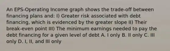 An EPS-Operating Income graph shows the trade-off between financing plans and: I) Greater risk associated with debt financing, which is evidenced by the greater slope II) Their break-even point III) The minimum earnings needed to pay the debt financing for a given level of debt A. I only B. II only C. III only D. I, II, and III only