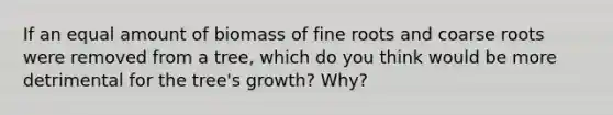 If an equal amount of biomass of fine roots and coarse roots were removed from a tree, which do you think would be more detrimental for the tree's growth? Why?