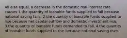 All else equal, a decrease in the domestic real interest rate causes 1.the quantity of loanable funds supplied to fall because national saving falls. 2.the quantity of loanable funds supplied to rise because net capital outflow and domestic investment rise. 3.the quantity of loanable funds demanded to fall. 4.the quantity of loanable funds supplied to rise because national saving rises.