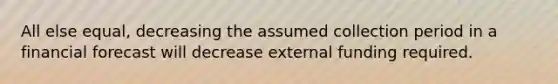 All else equal, decreasing the assumed collection period in a financial forecast will decrease external funding required.