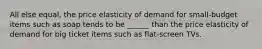 All else equal, the price elasticity of demand for small-budget items such as soap tends to be ______ than the price elasticity of demand for big ticket items such as flat-screen TVs.