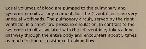 Equal volumes of blood are pumped to the pulmonary and systemic circuits at any moment, but the 2 ventricles have very unequal workloads. The pulmonary circuit, served by the right ventricle, is a short, low-pressure circulation. In contrast to the systemic circuit associated with the left ventricle, takes a long pathway through the entire body and encounters about 5 times as much friction or resistance to blood flow.