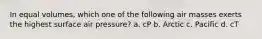 In equal volumes, which one of the following air masses exerts the highest surface air pressure? a. cP b. Arctic c. Pacific d. cT