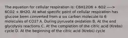 The equation for cellular respiration is: C6H12O6 + 6O2 ----> 6CO2 + 6H2O. At what specific point of cellular respiration has glucose been converted from a six carbon molecule to 6 molecules of CO2? A. During pyruvate oxidation B. At the end glycolysis reactions C. At the completion of the citric acid (Krebs) cycle D. At the beginning of the citric acid (Krebs) cycle