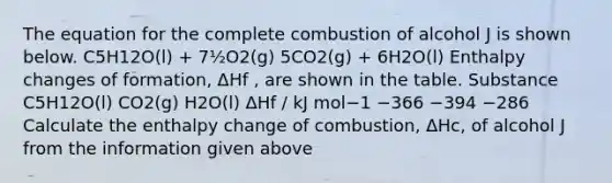 The equation for the complete combustion of alcohol J is shown below. C5H12O(l) + 7½O2(g) 5CO2(g) + 6H2O(l) Enthalpy changes of formation, ΔHf , are shown in the table. Substance C5H12O(l) CO2(g) H2O(l) ΔHf / kJ mol−1 −366 −394 −286 Calculate the enthalpy change of combustion, ΔHc, of alcohol J from the information given above