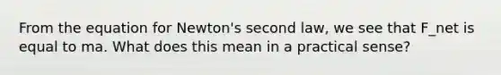 From the equation for Newton's second law, we see that F_net is equal to ma. What does this mean in a practical sense?