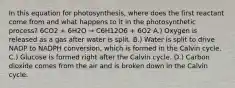 In this equation for photosynthesis, where does the first reactant come from and what happens to it in the photosynthetic process? 6CO2 + 6H2O → C6H12O6 + 6O2 A.) Oxygen is released as a gas after water is split. B.) Water is split to drive NADP to NADPH conversion, which is formed in the Calvin cycle. C.) Glucose is formed right after the Calvin cycle. D.) Carbon dioxide comes from the air and is broken down in the Calvin cycle.