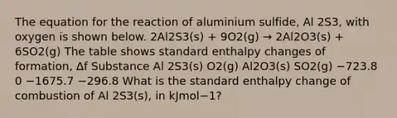 The equation for the reaction of aluminium sulfide, Al 2S3, with oxygen is shown below. 2Al2S3(s) + 9O2(g) → 2Al2O3(s) + 6SO2(g) The table shows standard enthalpy changes of formation, ∆f Substance Al 2S3(s) O2(g) Al2O3(s) SO2(g) −723.8 0 −1675.7 −296.8 What is the standard enthalpy change of combustion of Al 2S3(s), in kJmol−1?