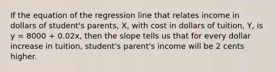 If the equation of the regression line that relates income in dollars of student's parents, X, with cost in dollars of tuition, Y, is y = 8000 + 0.02x, then the slope tells us that for every dollar increase in tuition, student's parent's income will be 2 cents higher.