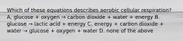 Which of these equations describes aerobic cellular respiration? A. glucose + oxygen → carbon dioxide + water + energy B. glucose → lactic acid + energy C. energy + carbon dioxide + water → glucose + oxygen + water D. none of the above