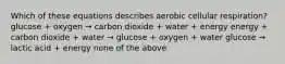 Which of these equations describes aerobic cellular respiration? glucose + oxygen → carbon dioxide + water + energy energy + carbon dioxide + water → glucose + oxygen + water glucose → lactic acid + energy none of the above