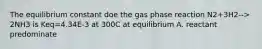 The equilibrium constant doe the gas phase reaction N2+3H2--> 2NH3 is Keq=4.34E-3 at 300C at equilibrium A. reactant predominate