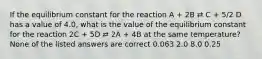 If the equilibrium constant for the reaction A + 2B ⇄ C + 5/2 D has a value of 4.0, what is the value of the equilibrium constant for the reaction 2C + 5D ⇄ 2A + 4B at the same temperature? None of the listed answers are correct 0.063 2.0 8.0 0.25