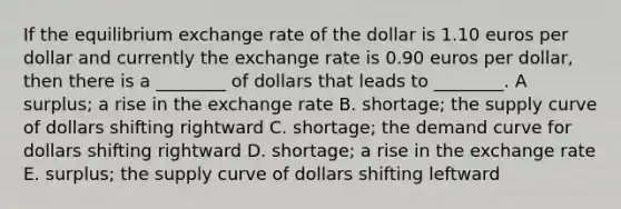 If the equilibrium exchange rate of the dollar is 1.10 euros per dollar and currently the exchange rate is 0.90 euros per dollar, then there is a ________ of dollars that leads to ________. A surplus; a rise in the exchange rate B. shortage; the supply curve of dollars shifting rightward C. shortage; the demand curve for dollars shifting rightward D. shortage; a rise in the exchange rate E. surplus; the supply curve of dollars shifting leftward