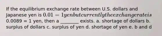 If the equilibrium exchange rate between U.S. dollars and Japanese yen is 0.01 = 1 yen but currently the exchange rate is0.0089 = 1 yen, then a ________ exists. a. shortage of dollars b. surplus of dollars c. surplus of yen d. shortage of yen e. b and d