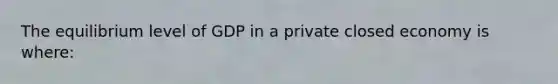 The equilibrium level of GDP in a private closed economy is where: