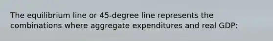 The equilibrium line or 45-degree line represents the combinations where aggregate expenditures and real GDP: