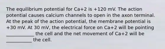 The equilibrium potential for Ca+2 is +120 mV. The action potential causes calcium channels to open in the axon terminal. At the peak of the action potential, the membrane potential is +30 mV. At 30 mV, the electrical force on Ca+2 will be pointing ____________ the cell and the net movement of Ca+2 will be ___________ the cell.