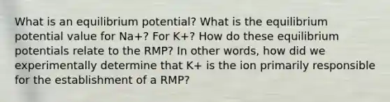 What is an equilibrium potential? What is the equilibrium potential value for Na+? For K+? How do these equilibrium potentials relate to the RMP? In other words, how did we experimentally determine that K+ is the ion primarily responsible for the establishment of a RMP?