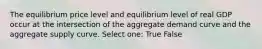 The equilibrium price level and equilibrium level of real GDP occur at the intersection of the aggregate demand curve and the aggregate supply curve. Select one: True False