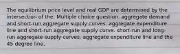 The equilibrium price level and real GDP are determined by the intersection of the: Multiple choice question. aggregate demand and short-run aggregate supply curves. aggregate expenditure line and short-run aggregate supply curve. short-run and long-run aggregate supply curves. aggregate expenditure line and the 45 degree line.