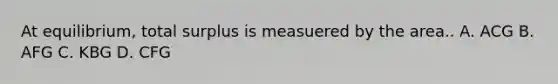 At equilibrium, total surplus is measuered by the area.. A. ACG B. AFG C. KBG D. CFG