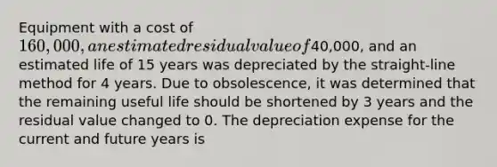 Equipment with a cost of 160,000, an estimated residual value of40,000, and an estimated life of 15 years was depreciated by the straight-line method for 4 years. Due to obsolescence, it was determined that the remaining useful life should be shortened by 3 years and the residual value changed to 0. The depreciation expense for the current and future years is