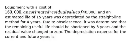 Equipment with a cost of 160,000, an estimated residual value of40,000, and an estimated life of 15 years was depreciated by the straight-line method for 4 years. Due to obsolescence, it was determined that the remaining useful life should be shortened by 3 years and the residual value changed to zero. The depreciation expense for the current and future years is