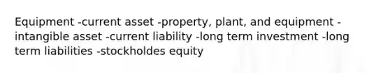 Equipment -current asset -property, plant, and equipment -intangible asset -current liability -long term investment -long term liabilities -stockholdes equity