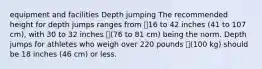 equipment and facilities Depth jumping The recommended height for depth jumps ranges from 16 to 42 inches (41 to 107 cm), with 30 to 32 inches (76 to 81 cm) being the norm. Depth jumps for athletes who weigh over 220 pounds (100 kg) should be 18 inches (46 cm) or less.